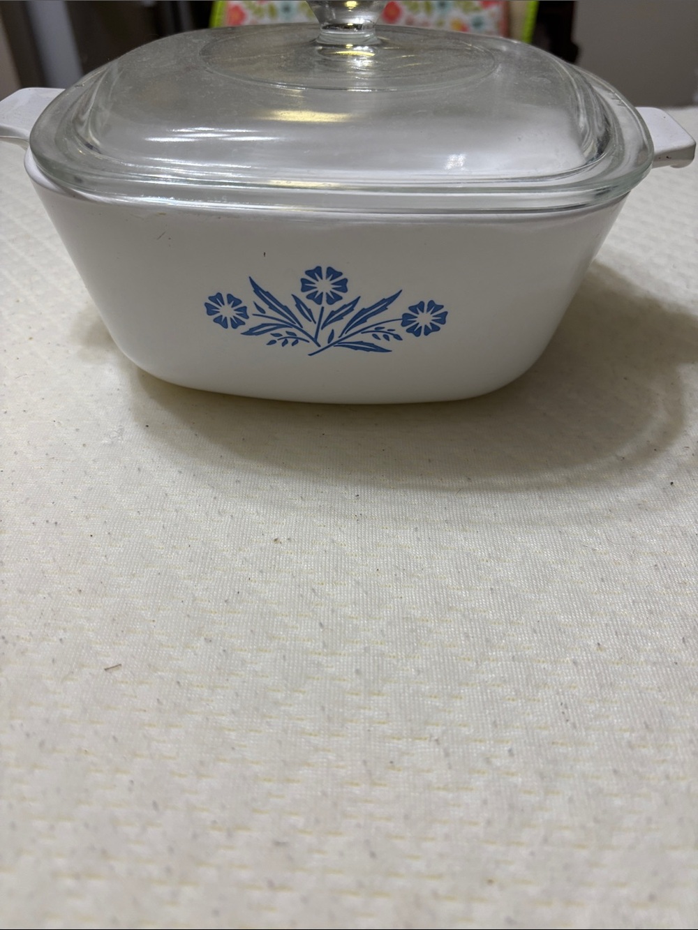 Corningware White Casserole with Blue Floral Motif and Glass Lid - Picture 2 of 5